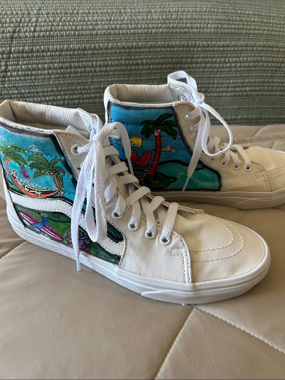 Custom Vans Sk8- Hi White Sneakers- Hand Painted Skeleton Beach Art Women Size 9